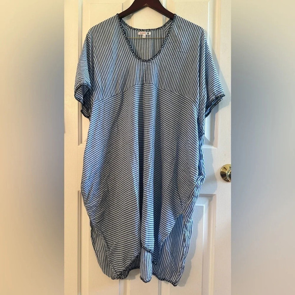 SUNDRY Anthropologie Blue White Stripe 100% Cotton Beach Pool Dress Sz 1 POCKETS - Picture 1 of 12